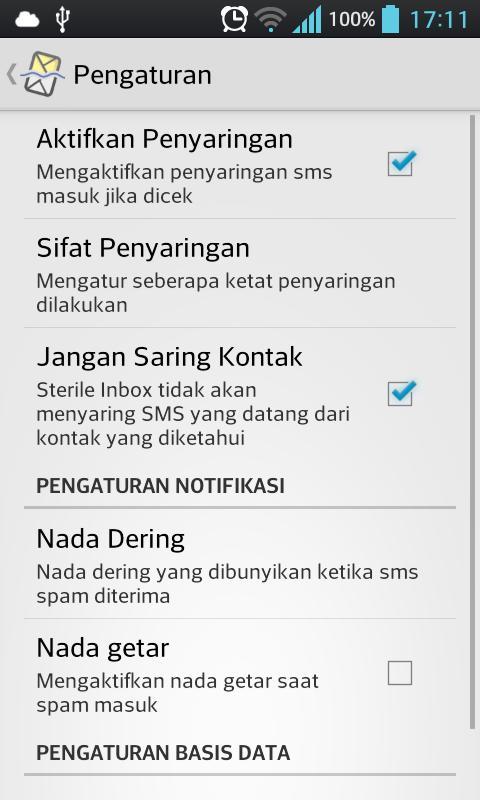 Sterile Inbox SMS Spam filter